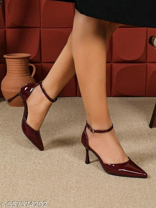 Women’s Burgundy Pointed Toe Ankle Strap Heels | Elegant Mid Heel Party &amp; Office Wear