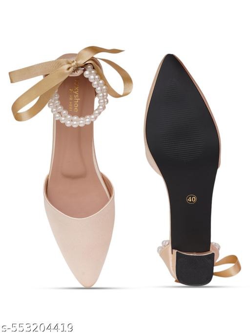Women’s Champagne Gold Block Heels with Pearl Ankle Strap | Elegant Party & Wedding Wear