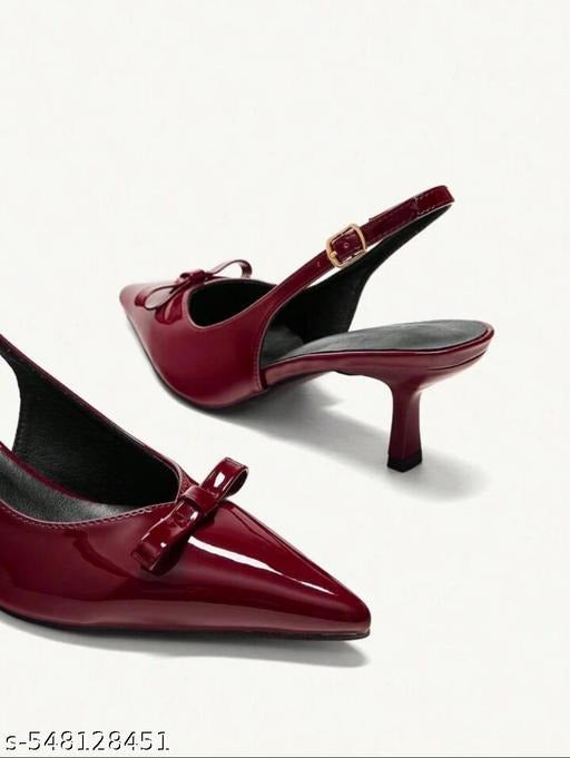 Women’s Burgundy Pointed Toe Slingback Heels with Bow | Elegant Mid Heel Party & Office Wear