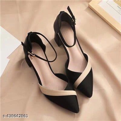 Women’s Black & Beige Pointed Toe Ankle Strap Heels | Elegant Mid Heel Party & Office Wear