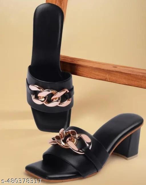 Women’s Black Block Heels with Gold Chain | Stylish Slip-On Party & Office Wear Sandals