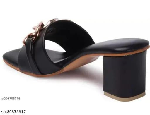 Women’s Black Block Heels with Gold Chain | Stylish Slip-On Party & Office Wear Sandals