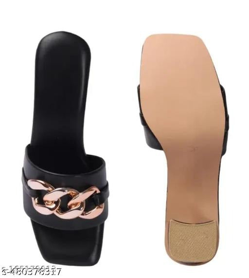 Women’s Black Block Heels with Gold Chain | Stylish Slip-On Party & Office Wear Sandals